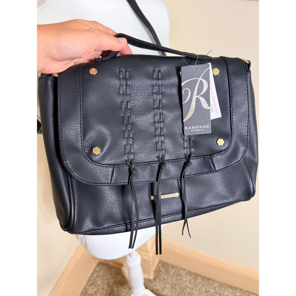 Rampage Large Satchel Buck Black Faux Leather Crossbody Bag Gold Hardware NWT